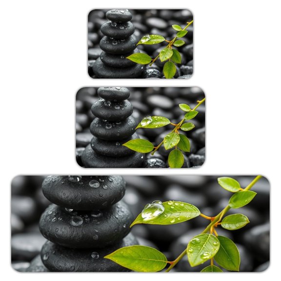 RKSupls Kitchen Rug Set 3 Piece Anti-Slip Flannel Floor Mats, Water Droplets Leaves Washable Absorbent Runner Mats for Kitchen Bathroom Home Decor