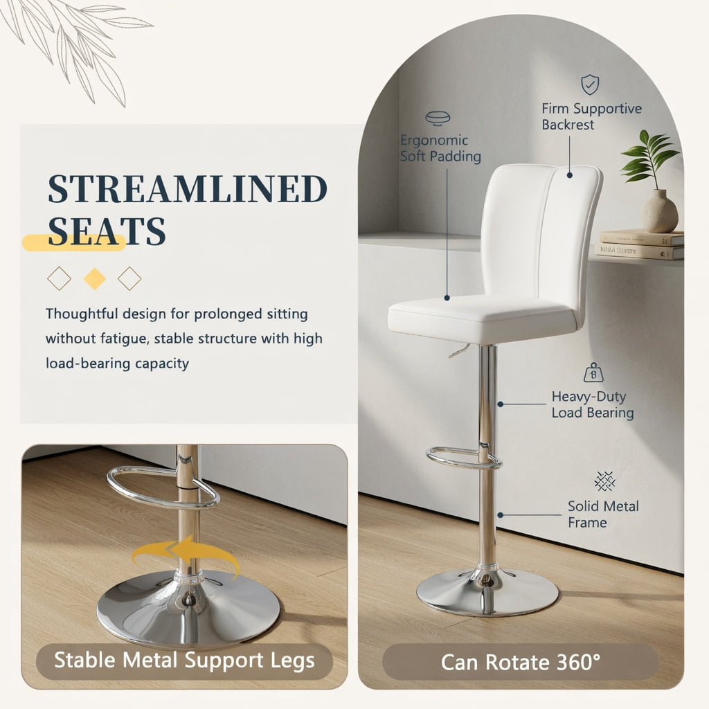 Hommoo Modern PU Leather Bar Stools Set of 2 with Adjustable Height, 360° Swivel & Trumpet Silver Metal Legs, Contemporary Kitchen, Bar & Lounge Seating, White