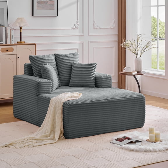 Oversized Chaise Longue Chair Indoor, Modern Upholstered Corduroy Deep Seat Sofa Bed with Throw Pillows and Armrests, Sleeper Sofa Couch for Living Room, Bedroom Apartment