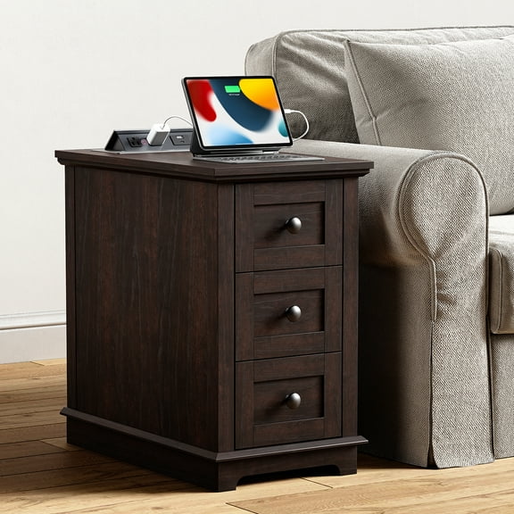 FAGAGA End Table with 3 Drawers for Living Room,Nightstand Sofa Side Table with Charging Station,Brown