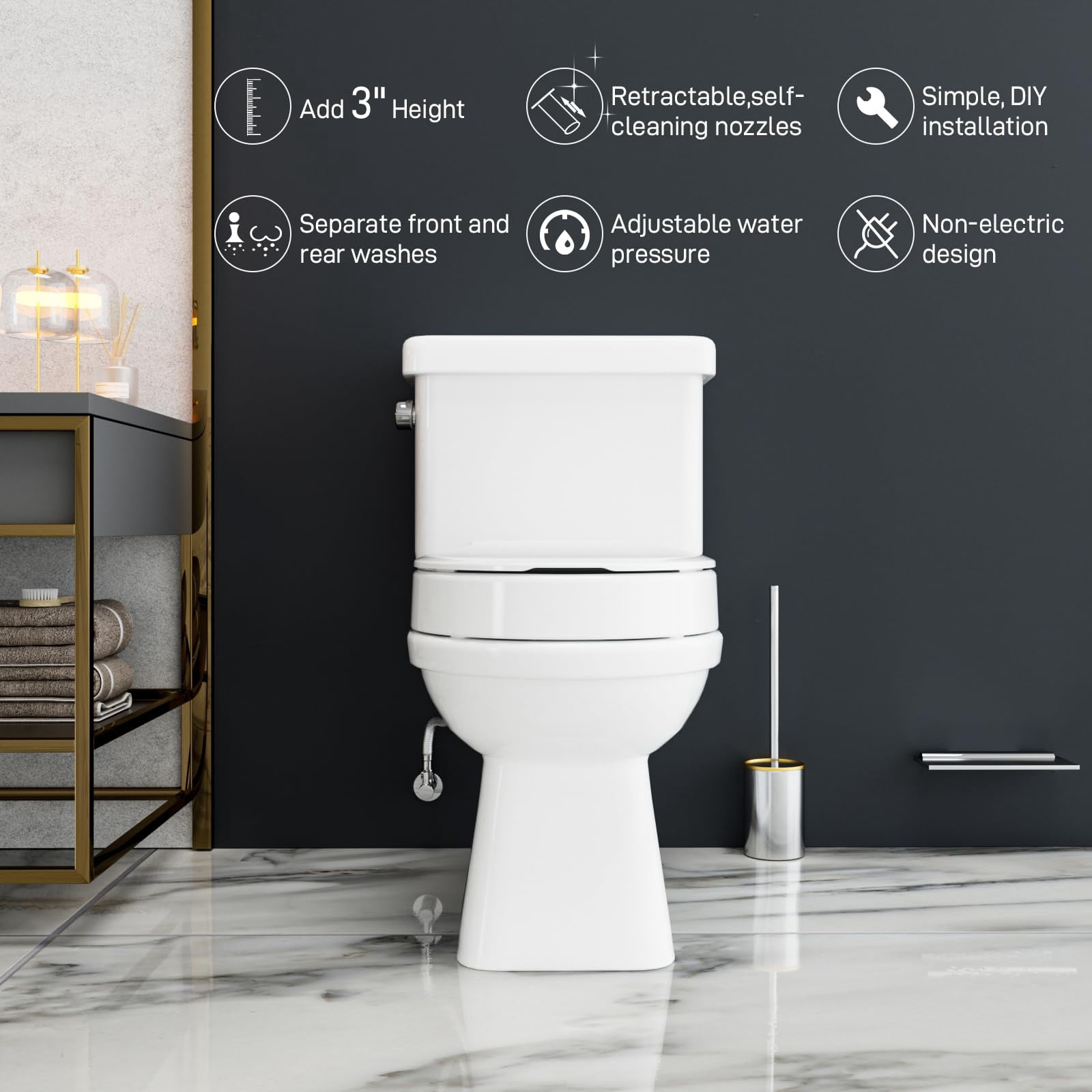 Raised Toilet Seat With Bidet - Round  Soft Close 3" Height Dual Nozzle (frontal & Rear Wash) Adjustable Cold Water And Stainless Steel Inlet (round)