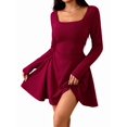 thumbnail image 2 of Women Square Neck Dress Casual Spring Long Sleeve Knit Pleated Elegant Classy Mini Dresses Wine Red S, 2 of 9