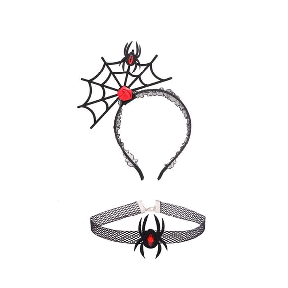 Minnieouse Diadema de araña de gasa negra para decoraciones de Halloween y maquillaje, tocado de telaraña, collar de satén Accesorio para el cabello dos