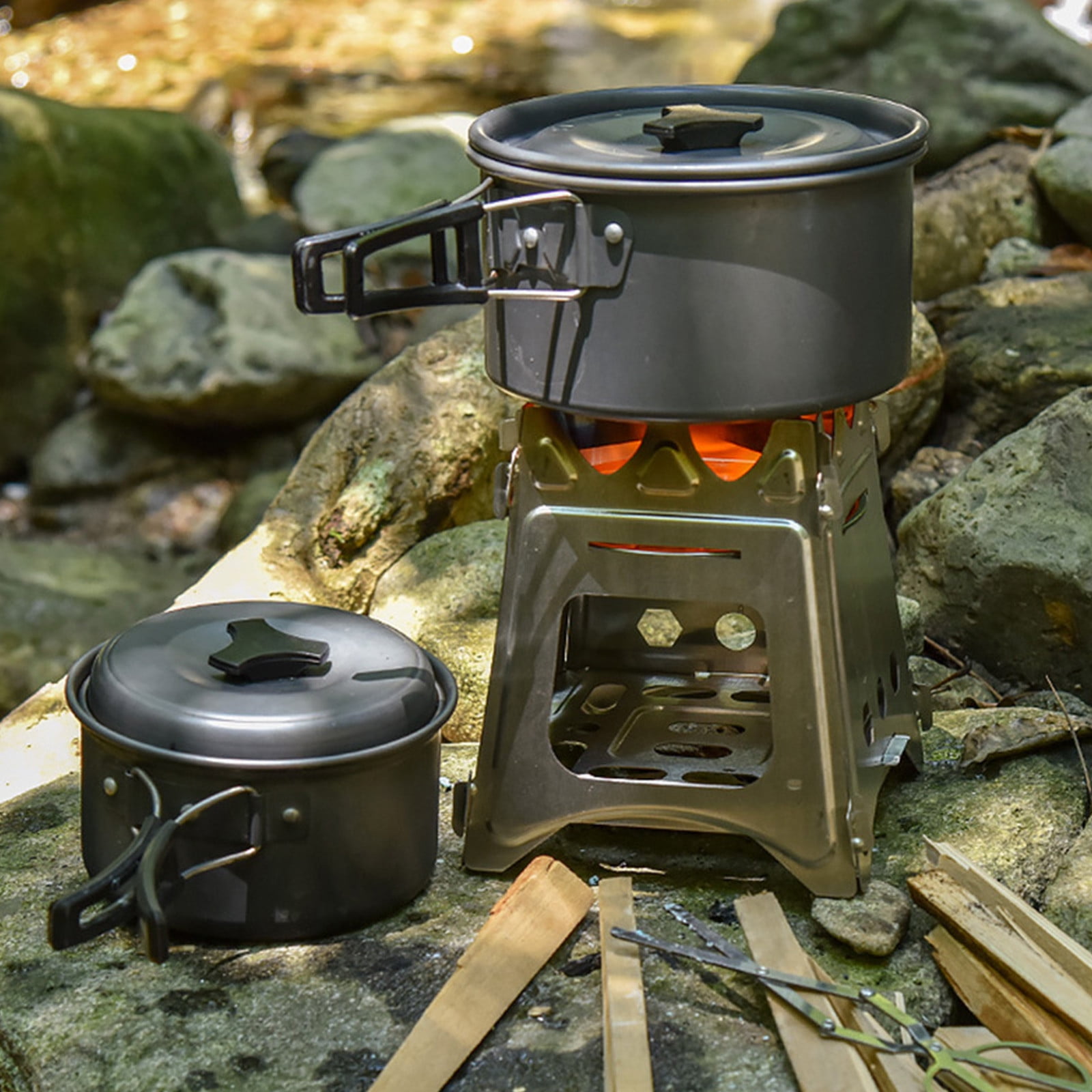 Stainless Steel Backpacking Stove, 6.2x7x4.3inch Portable Folding Camping Stove, Compact Durable Wood Burning Stove for Outdoor Cooking Hiking Camping Picnic BBQ and Bushcraft Survival