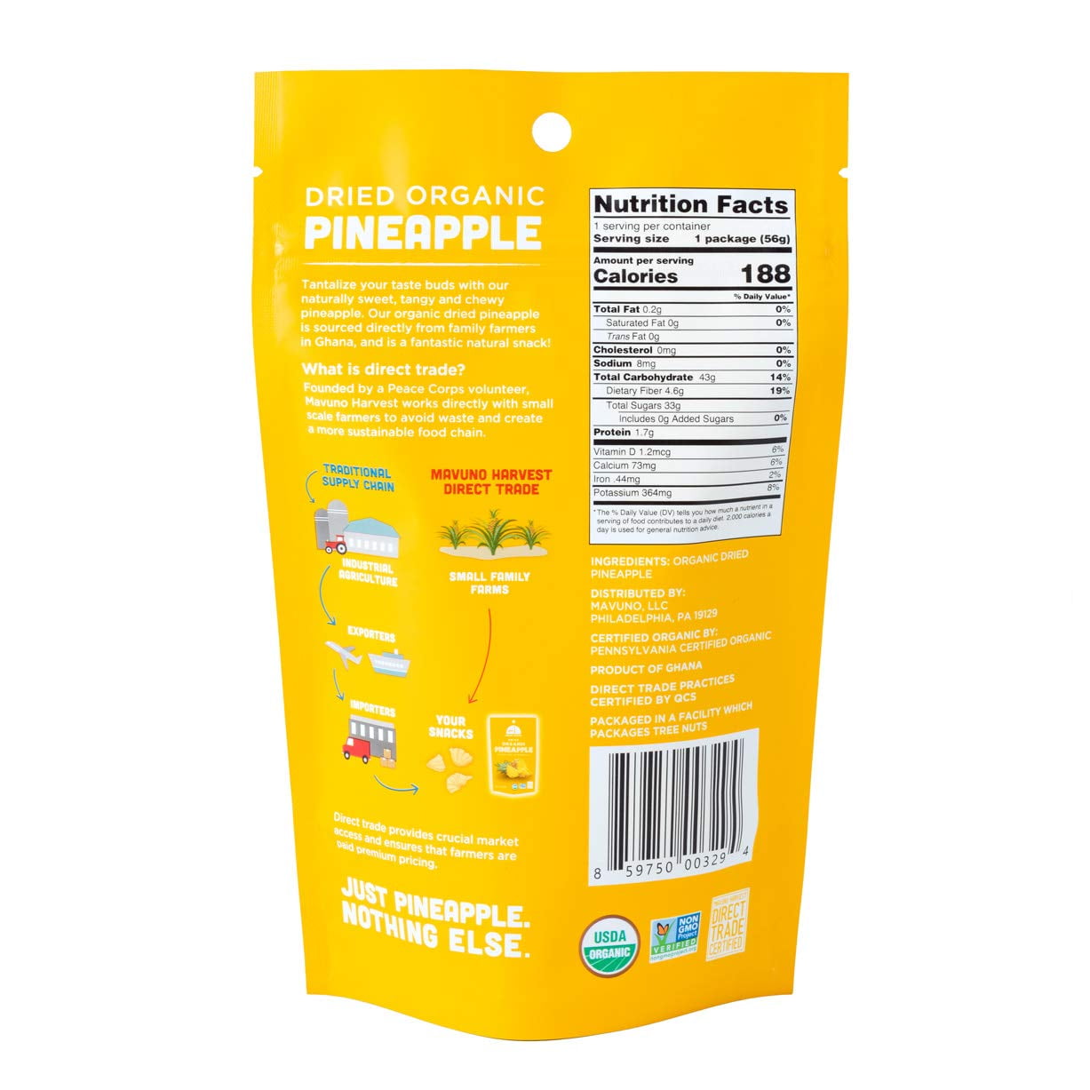Mavuno Harvest Direct Trade Organic Dried Fruit, Pineapple, 2 Ounce, Pack of 6