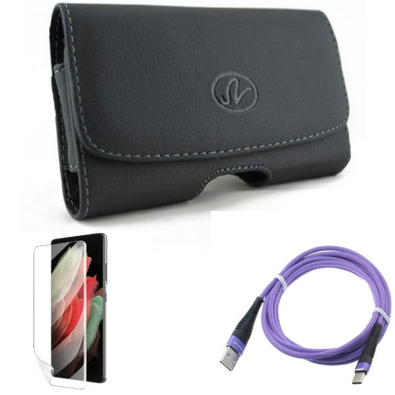 Matte Screen Protector & Case Belt Clip & 6ft USB Cable for Samsung Galaxy S22 Plus (S22 ) - Combo TPU Film Anti-Glare & Leather Swivel Holster & Purple Type-C Charger Cord