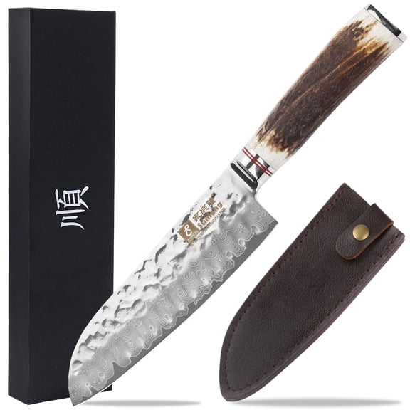 SUNLONG Santoku Knife 7 Inch, Japanese Damascus Steel Slicing Chef's Knives Antler Handle