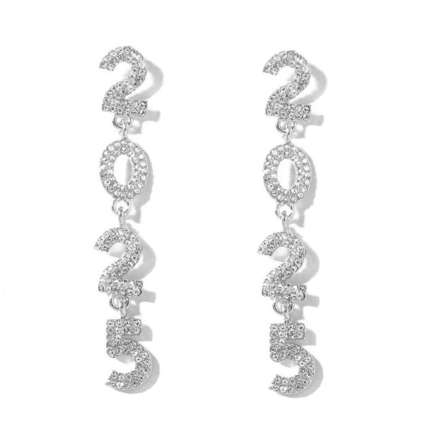 CAIROYAR Pendientes brillantes de feliz año nuevo para mujer 2025, pendientes colgantes con letras de diamantes de imitación, joyería para fiestas, regalos festivos de Año Nuevo, baile, agujeros perfo