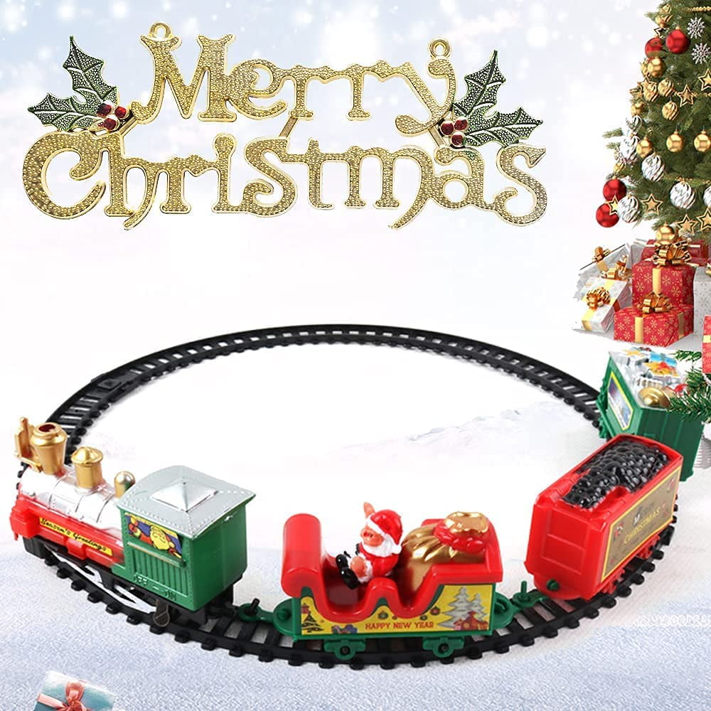 Electric Musical Train Set with Sounds 85”Classic Christmas Train Set Santa Claus Train Ornament Railway Track Playset for Kids Gift,Electric Model Train Toy Set Party Décor Christmas 