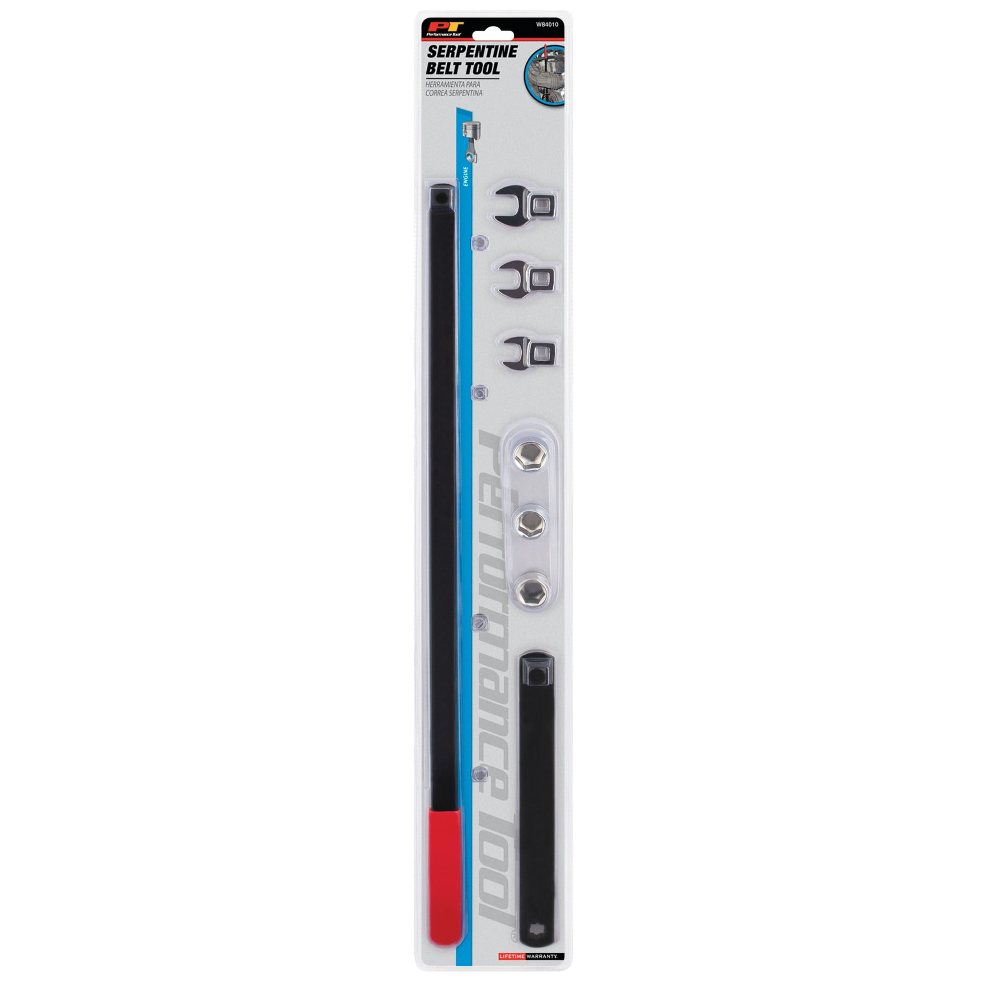 Performance Tool W84010 8 pc Long Handle Serpentine Belt Tool Kit for Spring-Loaded Idler Pulleys - Includes Crowfoot Wrenches and Sockets