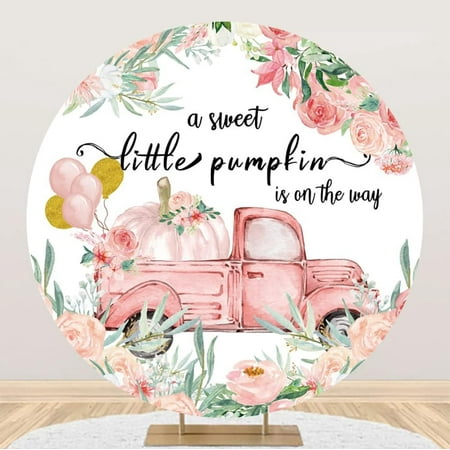 Image of 7.5x7.5ft A Sweet Little Pumpkin is On The Way Round Backdrop for Baby Pink Floral Truck Thanksgiving Day