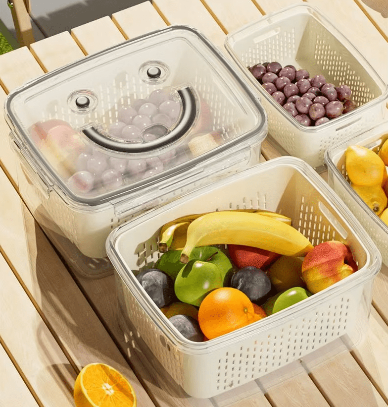 AK Products 4-Piece Large Fruit & Vegetable Storage Containers with Lids & Removable Colander – BPA-Free Plastic Produce Saver for Fridge & Kitchen Organization
