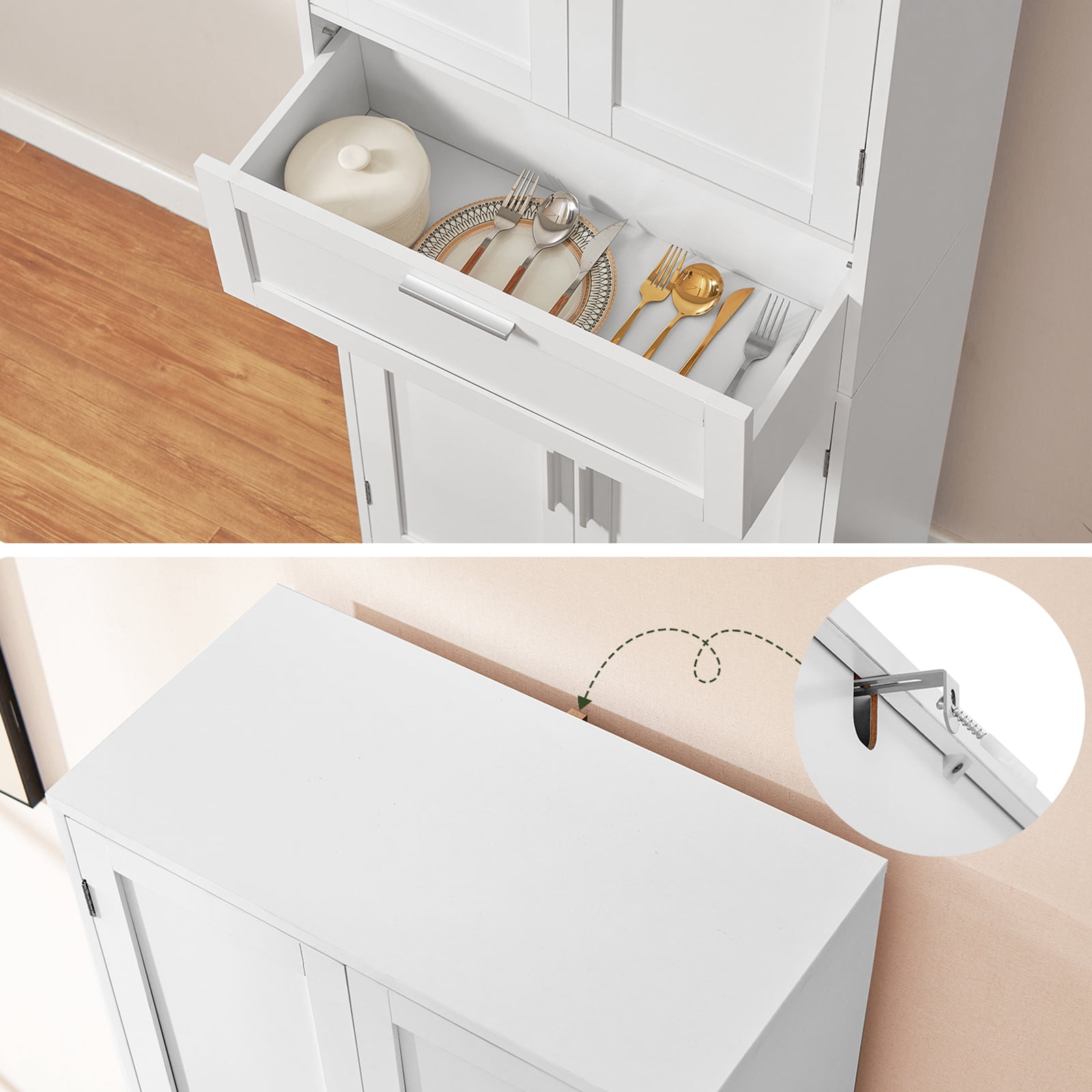 TEENFON Tall Kitchen Pantry Storage Cabinet, Freestanding Cupboard with 1 Large Drawer, for Dining Room, Living Room, Laundry, White