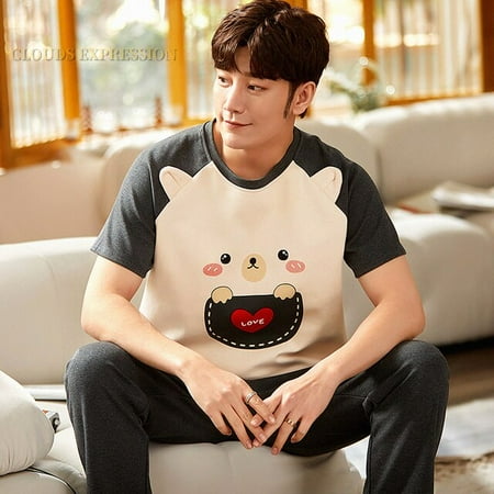 

QWZNDZGR Summer Knitted Cotton Cartoon Mens Pyjamas Pajamas Casual Short Tops +Long Pants Sets Men s Sleepwear Night Pijamas 3XL Homewea