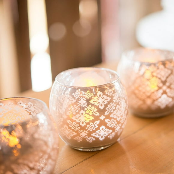 Weddingstar Petit porte-lampion globe en verre couleur pêche avec motif en dentelle