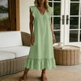 thumbnail image 6 of Bohemian Beach Linen Dress for Women Elegant Summer Boho Maxi Dresses Ruffle Vintage Sundress Holiday Flowy Loose Swing Long Dresses for Evening Night Out Green S, 6 of 6