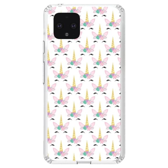 DistinctInk Clear Shockproof Hybrid Case for Google Pixel 4 (5.7" Screen) - TPU Bumper, Acrylic Back, Tempered Glass Screen Protector - Pastel Unicorn Pattern - White Pink Teal