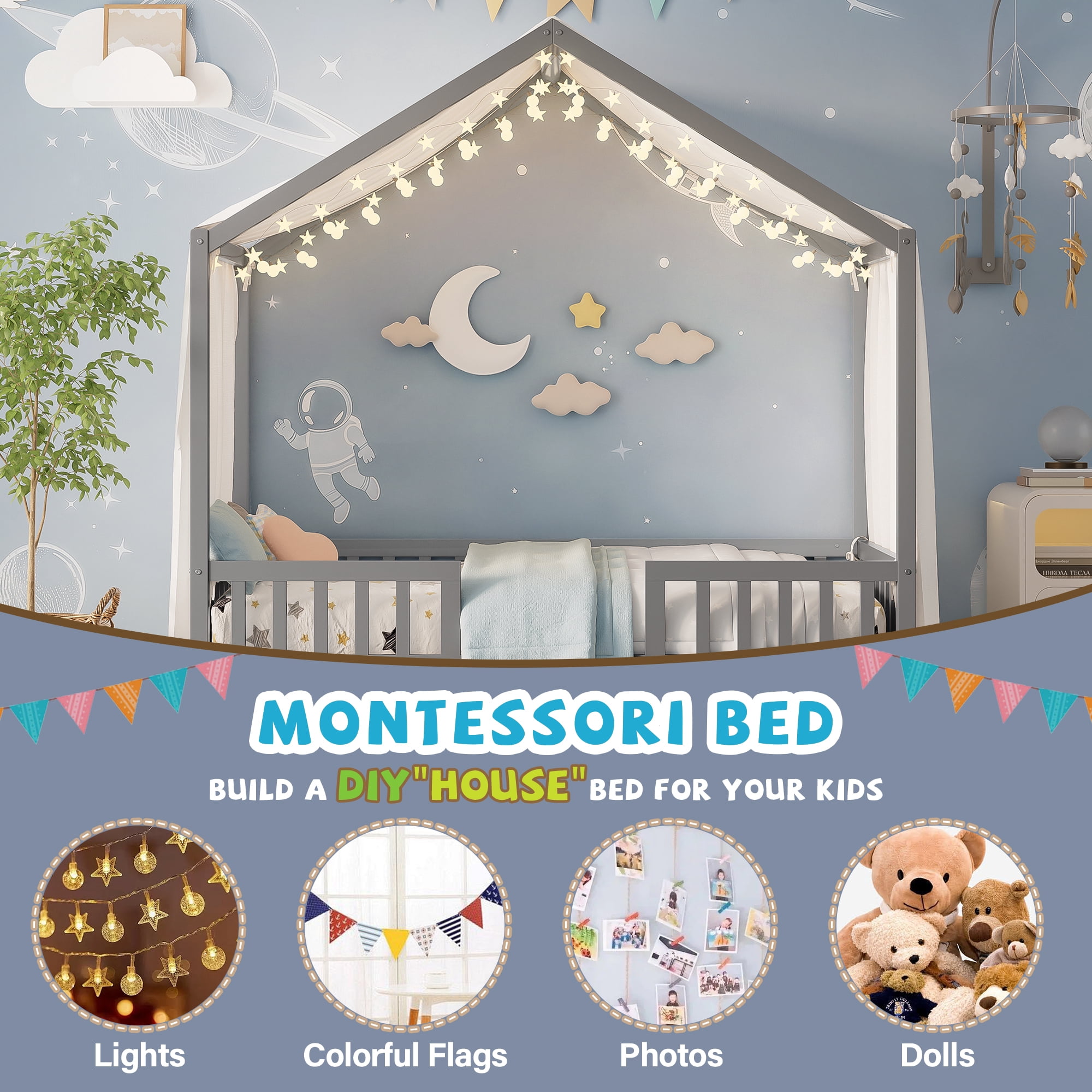 Euroco House Floor Bed with High Railings, Twin Size Kids' Bed with Canopy, Grey