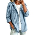 thumbnail image 4 of Women's Hooded Denim Shacket Oversized Button Down Long Sleeve Hoodie Jacket with Pockets Relaxed Fit Casual Coat for Daily Commute Weekend Outings, 4 of 9
