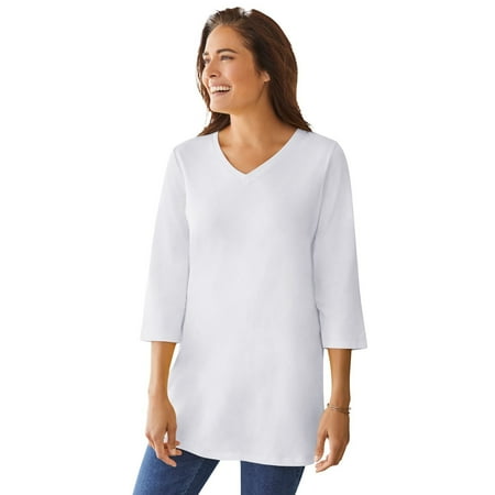 Woman Within Women's Plus Size Perfect Three-Quarter Sleeve V-Neck Tunic Color: White Size: 1X