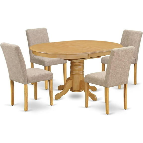 HomeStock 5 Piece Dining Room Table Set Includes an Oval Kitchen Table with Leaf and 4 Light Tan Linen Fabric Parson Dining Chairs, 42x60 Inch,Oak