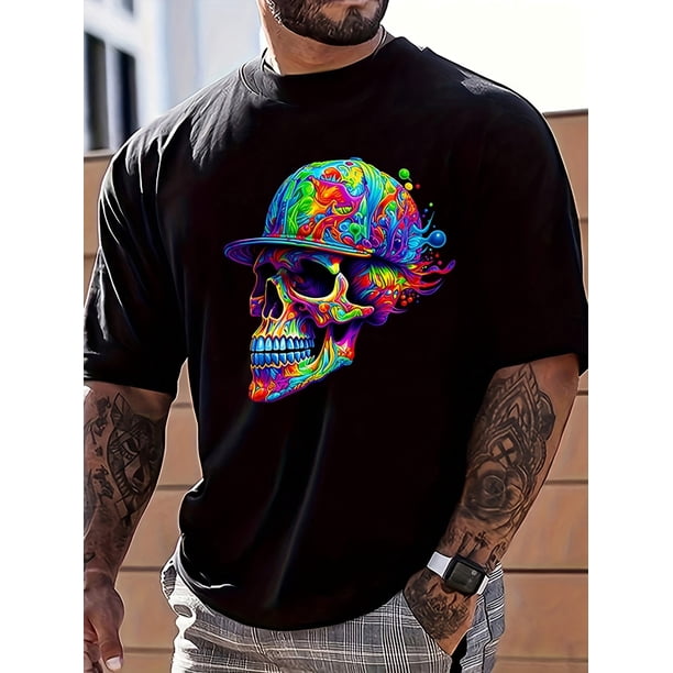 Camiseta de Halloween - Camiseta informal de algodón para hombre con dibujo de calavera vibrante, cuello redondo, tejido de punto ligeramente elástico, corte regular.
