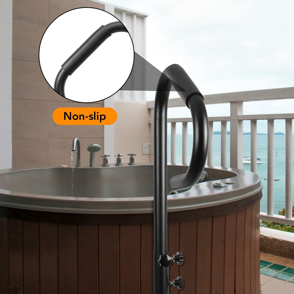 Danolapsi 600LBs Hot Tub Handrails with Stand, 35"-56" Adjustable Height Pool Handrail with Non-Slip Handle, 360 Rotatable Spa Side Handrail, Heavy Duty Iron Hot Tub Steps with Handrail