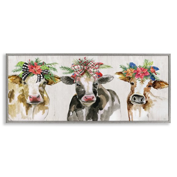 Stupell Industries Rustic Lodge Three Cows Seasonal Floral Crowns Gray Framed Giclee Art, 24 x 10, by Nan