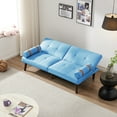 thumbnail image 3 of Convertible Futon Sofa, Linen Fabric Loveseat with 2 Barrel Armrest pillow, 65.7" Folding Recliner Couch Bed with Solid Wood Legs for Living Room Apartments Office, Blue, 3 of 8