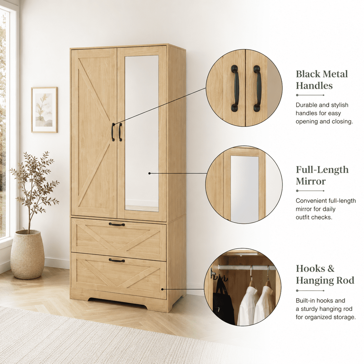Aukfa 2-Door Wardrobe Armoire with Mirror & Built-In Induction Light, Bedroom Wood Closet with Hanging Rod & 2 Drawers,Natural