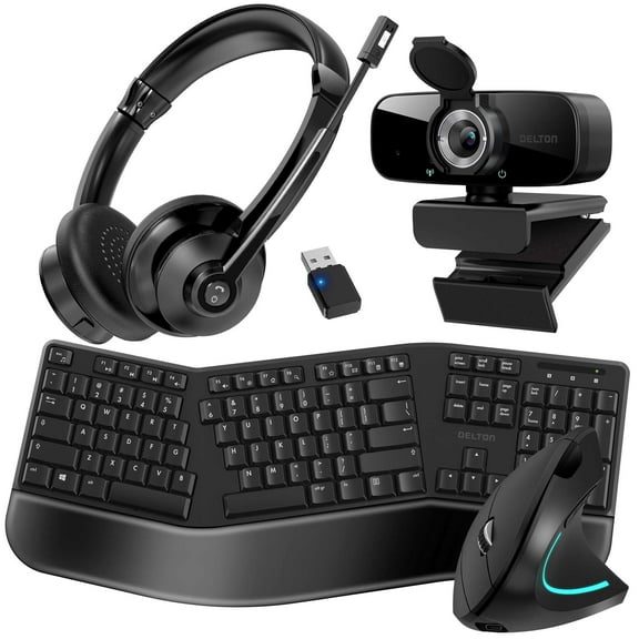Delton 30X 4 Pieces Bundle, Wireless Keyboard Mouse with USB Dongle, Wireless Bluetooth Headset with Noise Canceling Mic, 1080p USB Webcam with Universal Mounting Clip for Laptop, PC - Black