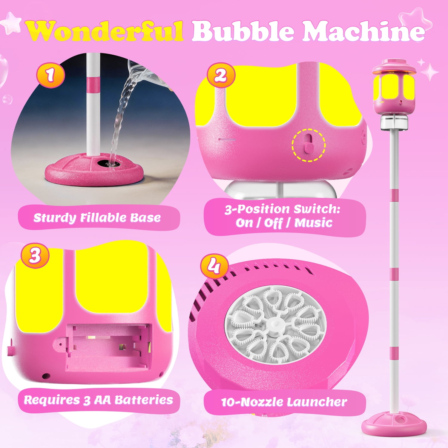 WonderStone Lamp Bubble Machine, Bubble Blower and Wand with Music & Lights, Equipped with 180 ml Bubble Solution and 4 Adjustable Heights, Summer Outdoor Toys for Toddlers, Pink