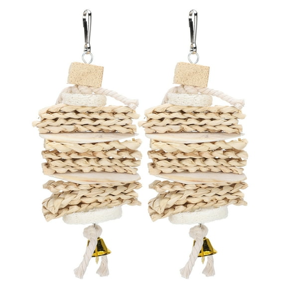 2Pcs Bird Chew Toys Parrots Cuttlefish Bone Corn Husk Loofah String Pendant Climbing Biting Toys