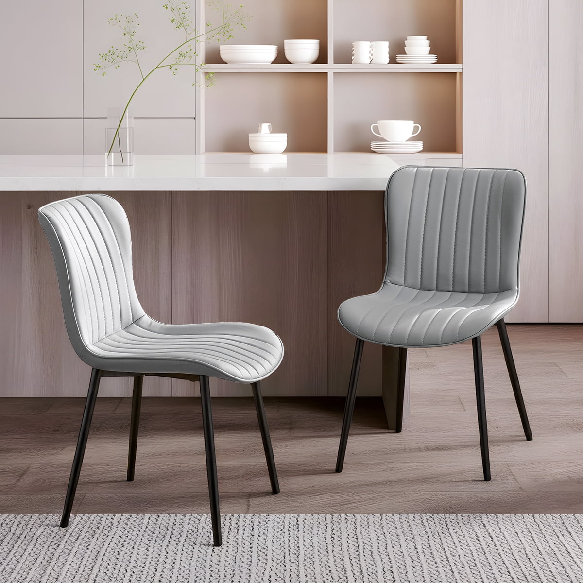 Modern Dining Chairs Set of 2, PU Leather Upholstered Kitchen Side Chairs with High Backrest, Heavy Duty, Cushions & Durable Metal Legs with Adjustable Feet for Kitchen, Dining Room,Restaurant,Grey