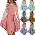 thumbnail image 4 of Mercatoo Girls 𝐑uffle Swing Loose Casual Dress Solid Irregular 𝐇em Midi Dresses with Belted 4 to 13Y Retro P𝐚rty Clothes, 4 of 8