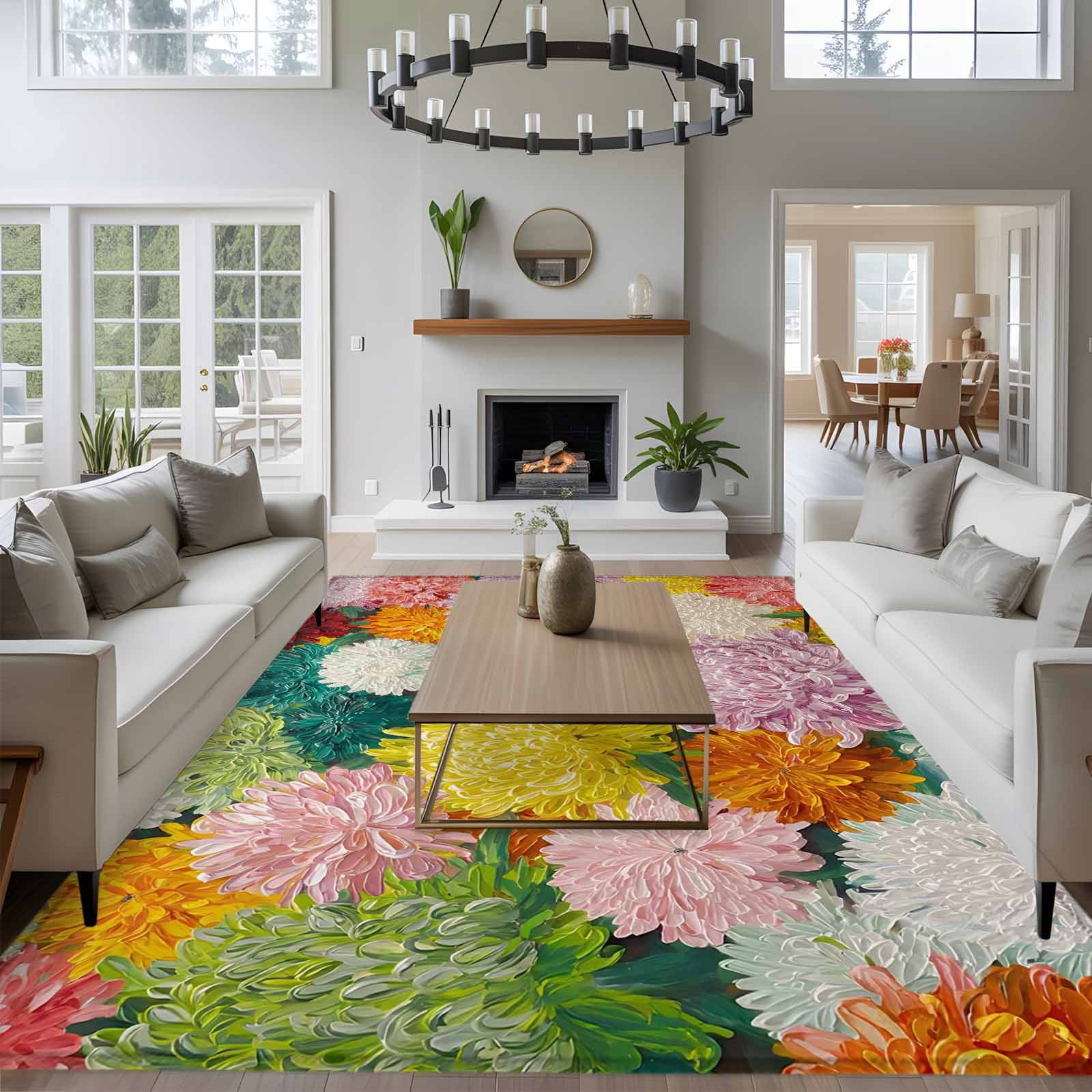 Rectangle Area Rugs 5 x 7 Ft, Watercolor Chrysanthemum Non-Slip Residential Carpet, Vintage Abstract Oil Painting Floral Indoor Crawling Mats Runner Rugs for Living Room/Dining Room/Bedroom