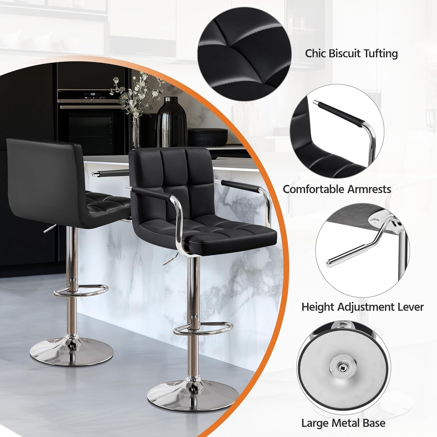 Set of 2 bar stools, suitable for kitchens, dining rooms, etc. (black)