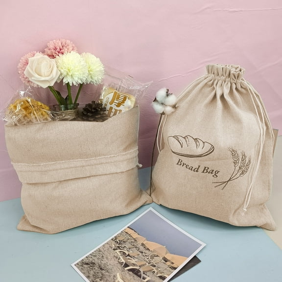 Opvise Homemade Bread Storage Pouch Single-layered Food Grade Large Capacity Drawstring Sealing Reusable with Liner Picnic Commute School Bread Preservation Bag