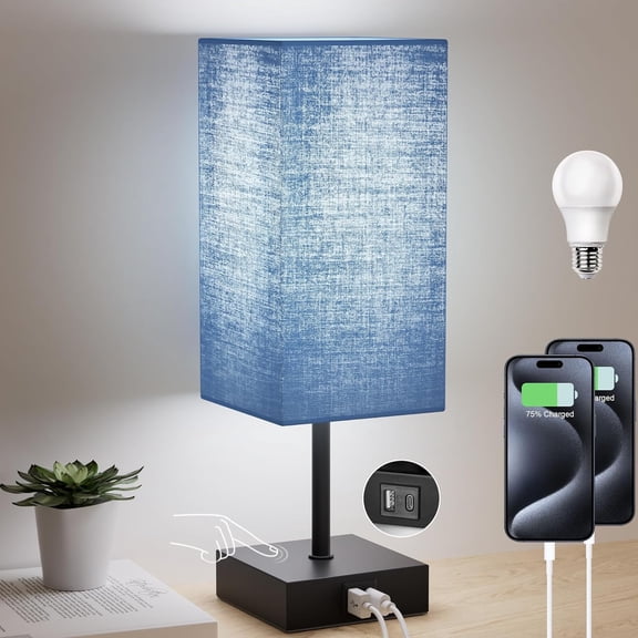 3-Way Dimmable Touch Bedside Lamp with USB-C & A Charging Ports, Small Nightstand Lamp for Bedroom Living Room, Navy Blue with LED Bulb Included