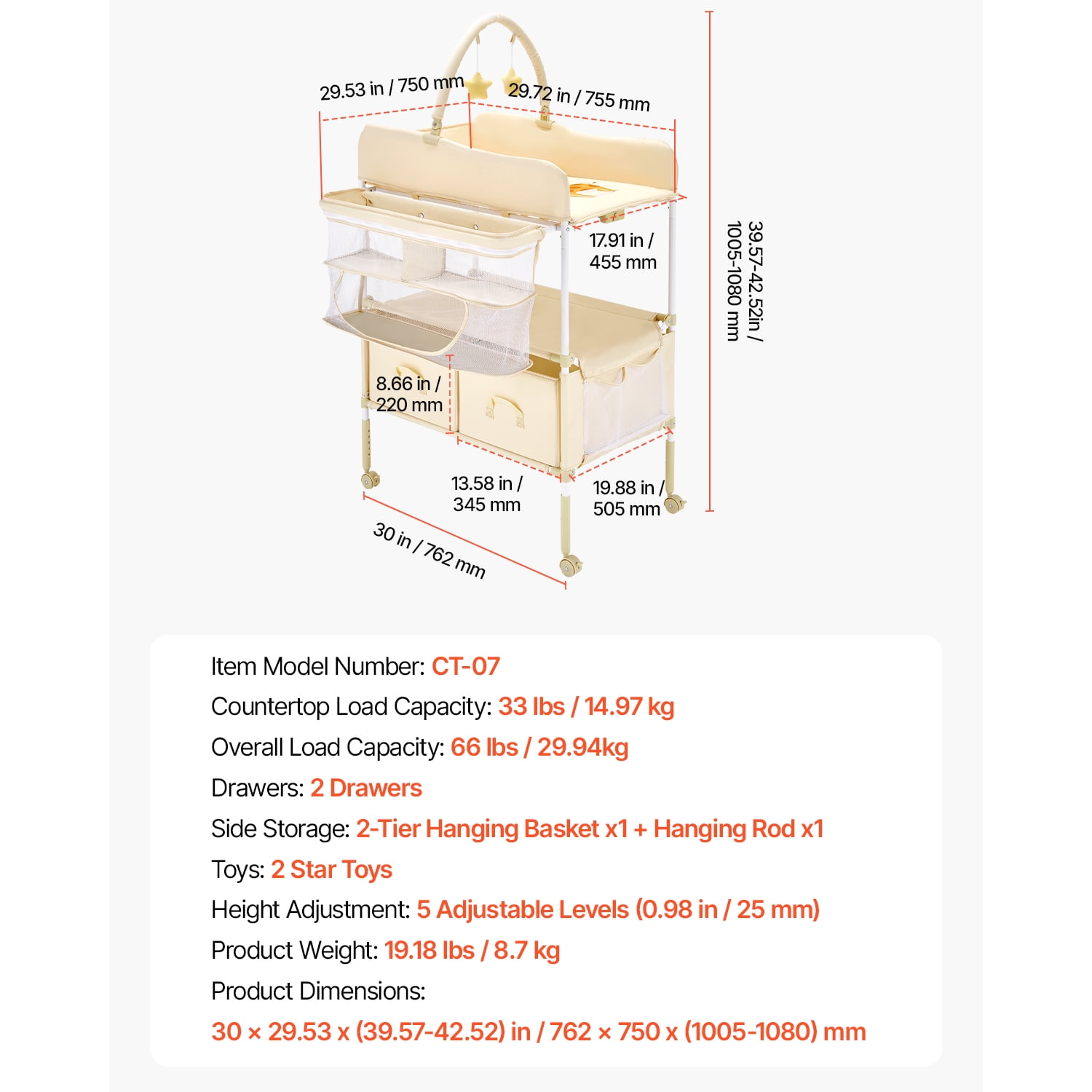KFFKFF Foldable Baby Changing Table with Adjustable Height,30.00 x 29.53 x 39.57-42.52 in Light Beige