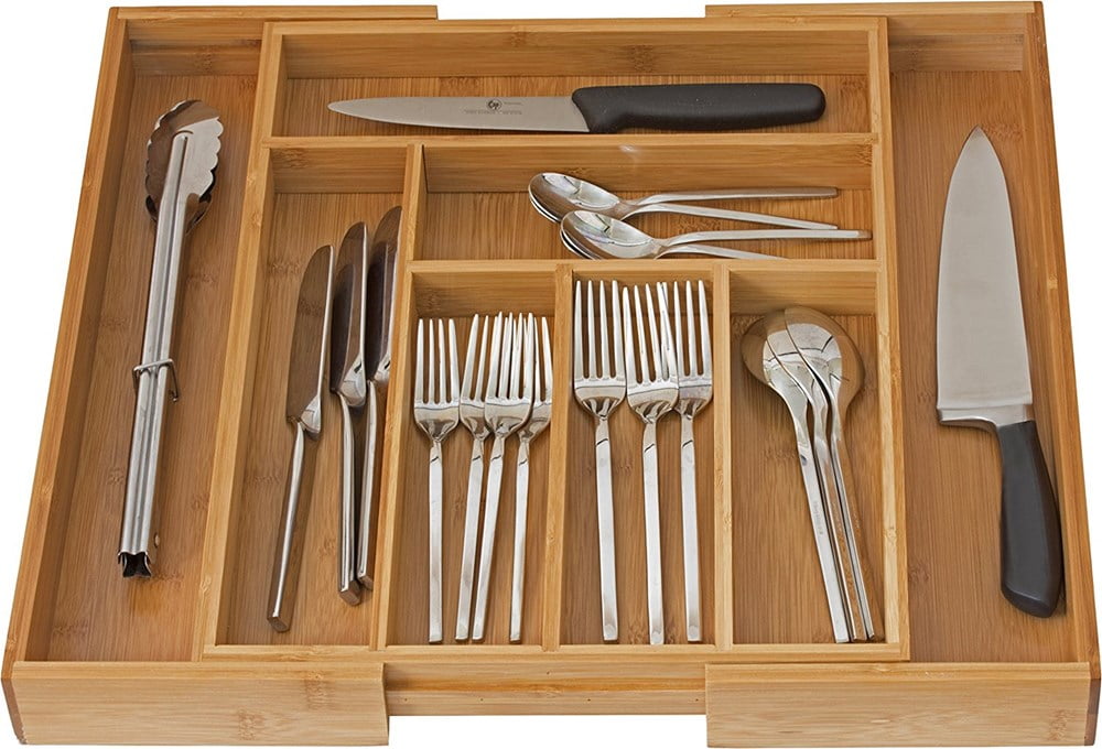 Silverware Drawer Organizer with Three Sections and Nonslip Tray- Flatware Cutlery Kitchen Divider By Lavish Home Also for Desk and Office Utensil 