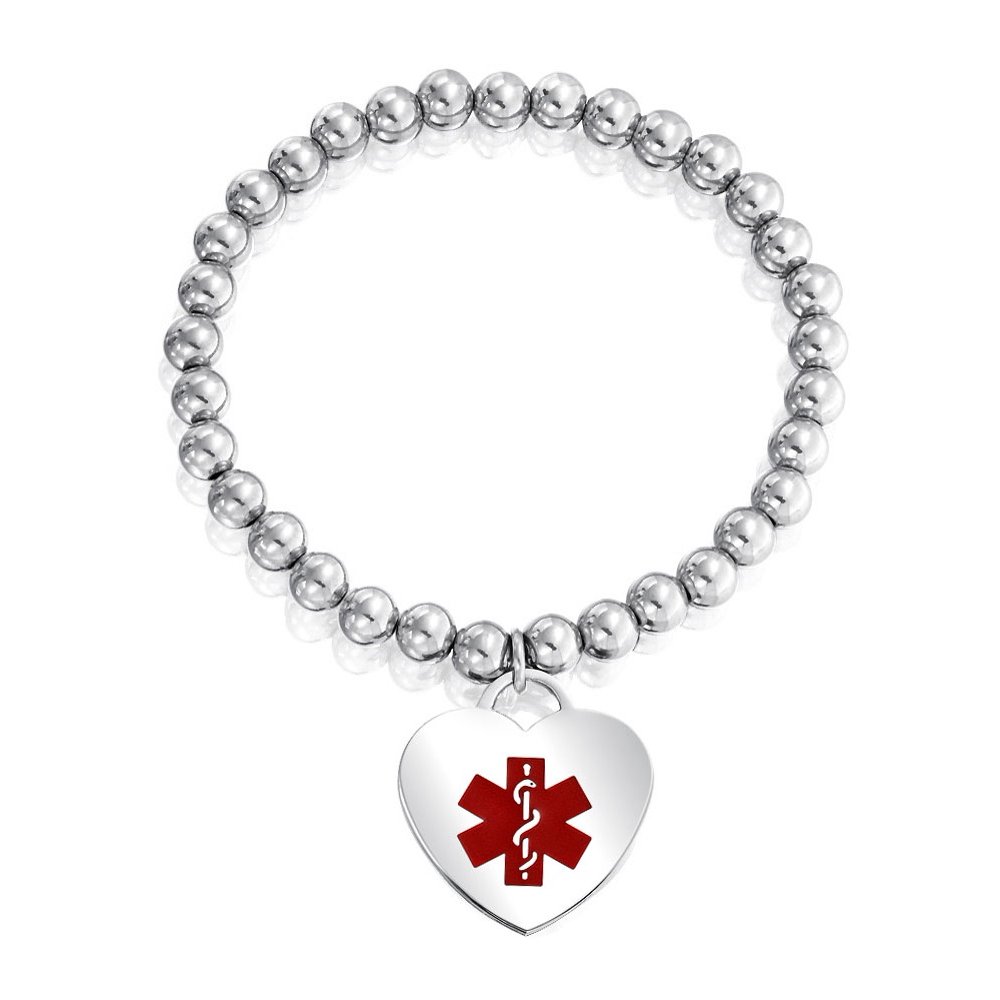 Steel 6mm Bead Medical Alert Heart ID Stretch Bracelet