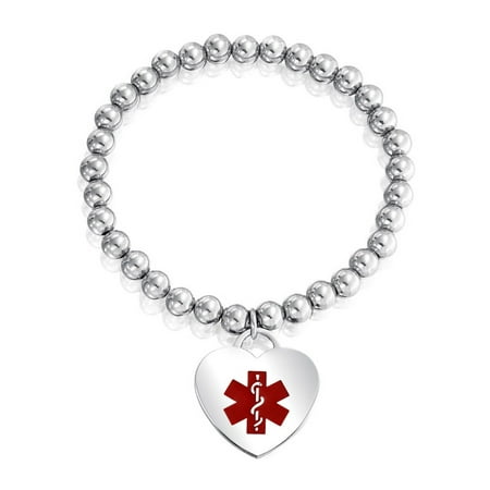 American Medical Id Jewelry - Bling Jewelry Steel 6mm Bead Medical Alert Heart ID Stretch Bracelet