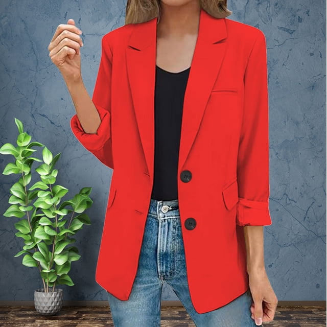 Clearance Sale! Womens Casual Jacket Pockets Long Sleeve Front Button Work Lapel Button Jacket
