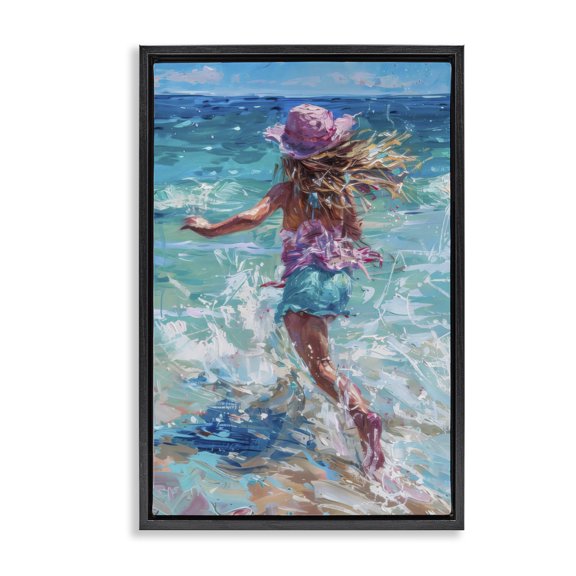 Stupell Industries Coastal Summer Beach Fun Girl Black Floating Frame Canvas Art, 17 x 25, by LSR Design Studio
