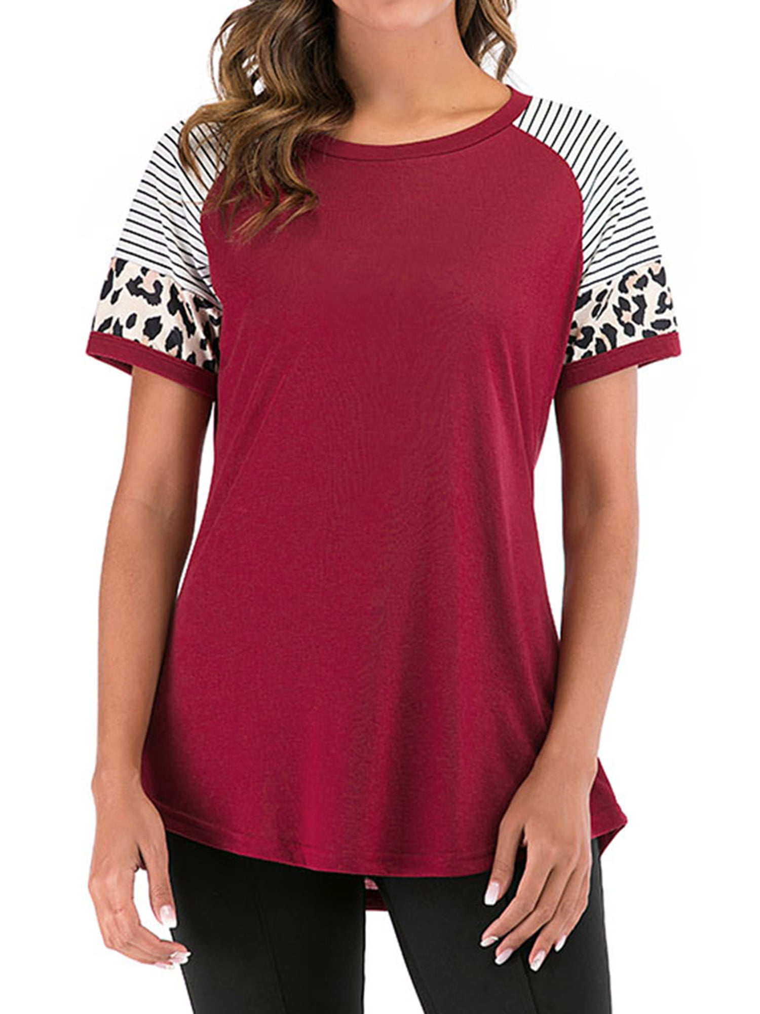 Womens Color Block T-Shirt Short Sleeve Leopard Print Tunic Tops Casual Stripe Crewneck T Shirt Top 