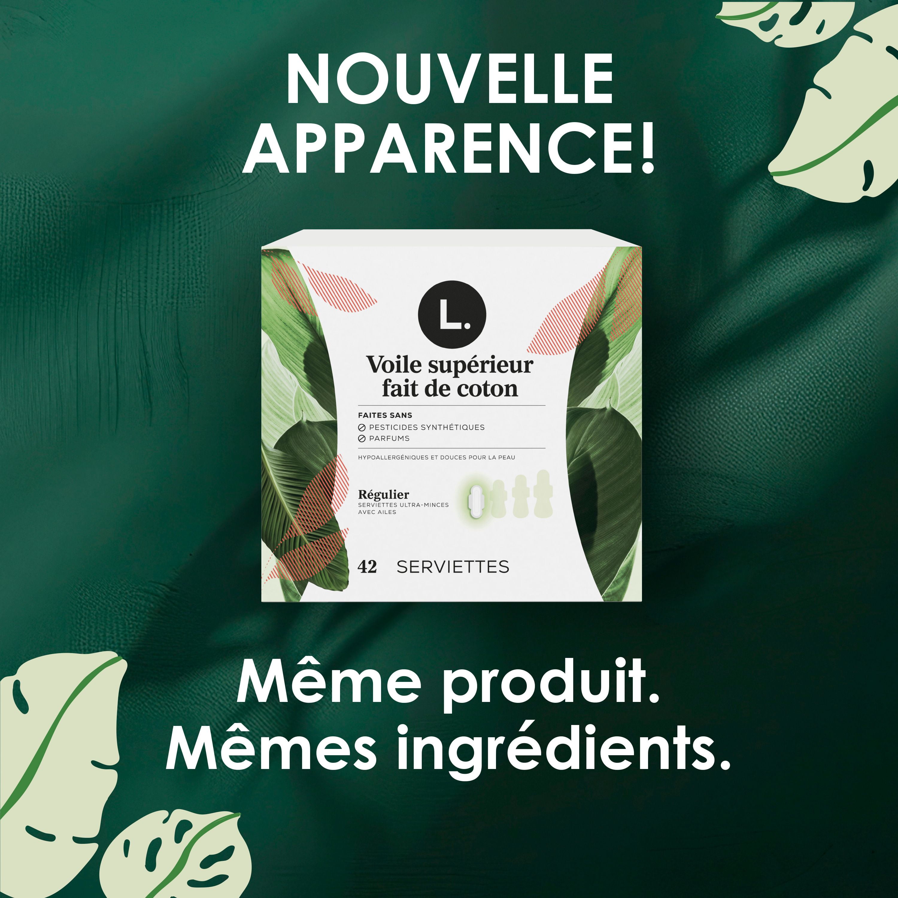 L. Ultra Thin Pads for Women, Organic Cotton Top Layer, Super Absorbency, Menstrual Pads with Wings, 42 Count