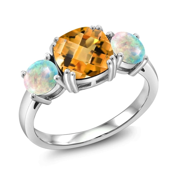 Gem Stone King 925 Sterling Silver Yellow Citrine and Simulated White Opal 3 Stone Engagement Ring for Women (4.15 Cttw, Gemstone November Birthstone, Cushion Checkerboard 8MM, Size 5)