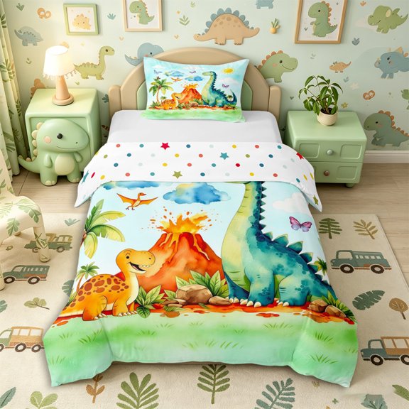 Metsweet Watercolor Dinosaur Twin Duvet Cover, Cartoon Jungle Animal Twin Bedding, Orange Green,2pcs,1 Duvet Cover and 1 Pillowcase