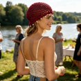 thumbnail image 2 of XIAOCHA Womens Boho Pearl Accent Crochet Beanie Solid Knit Breathable Beach Holiday Beanie Hats,Red, 2 of 5